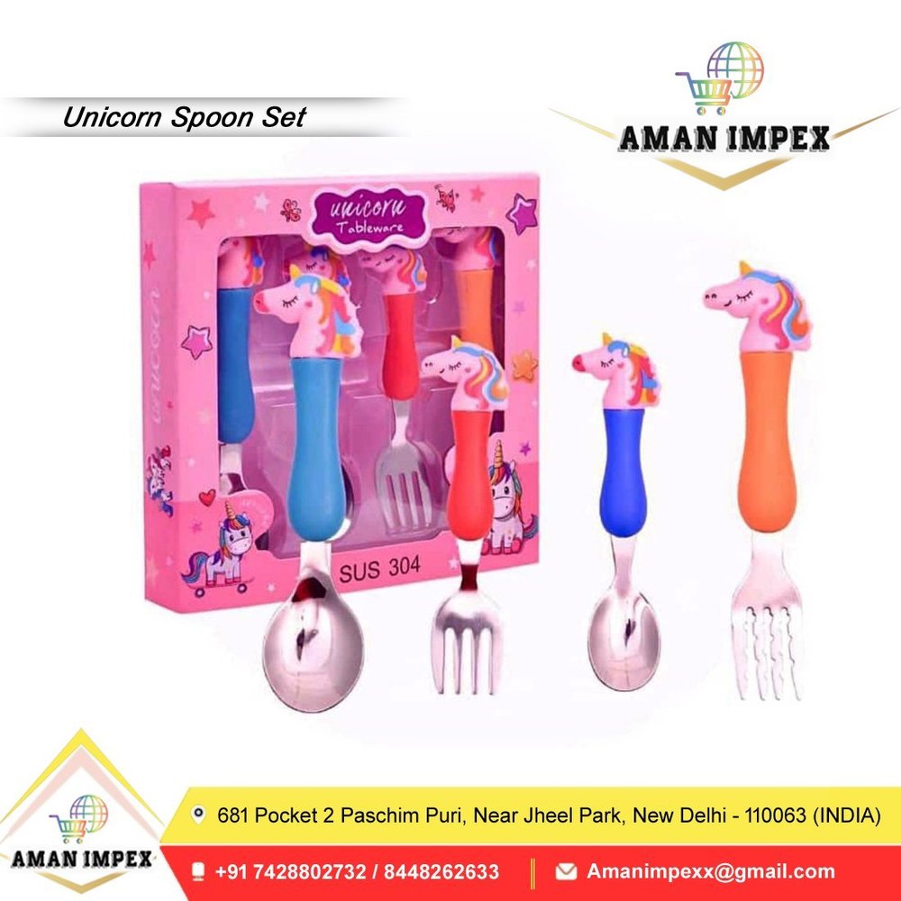 Stainless Steel Multicolor Unicorn Spoon And Cutlery Set, Size: Medium