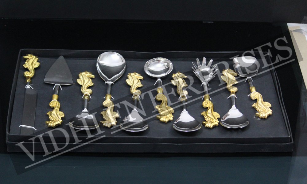 Stainless Steel With Gold Platted Metal Serving Spoon Set Od 10 Pcs, Size: Regular