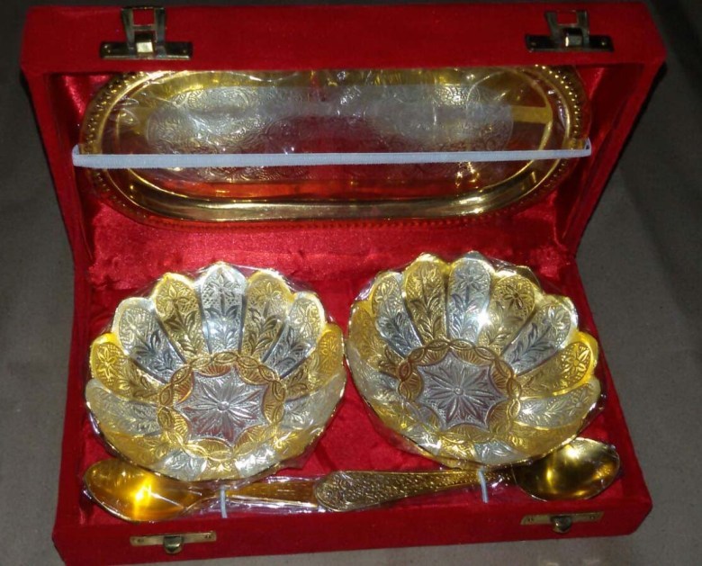 Brass And Steel Tray Bowl & Spoon SBY-1680, For Gift, Gold And Silver Polish