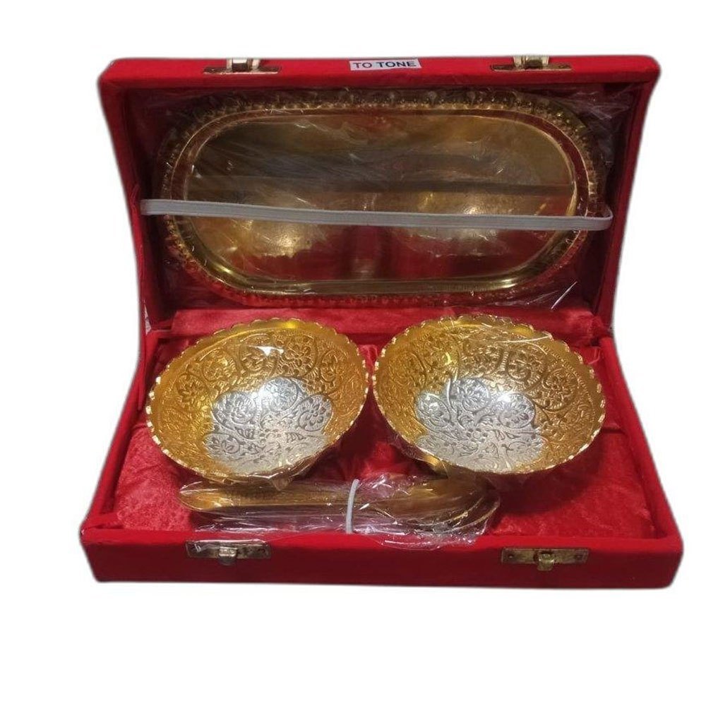 2 Bowl, 2 Spoon And Tray Golden Brass Gold Plated Bowl Set, For Gift
