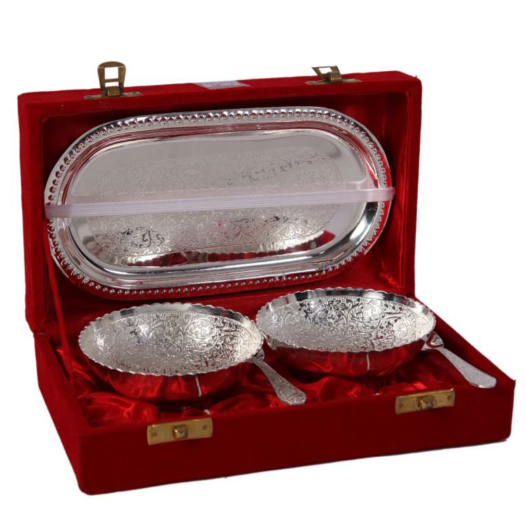 Silver Brass Two Bowl Two Spoon Set, For Home, Size: 4 Bowls