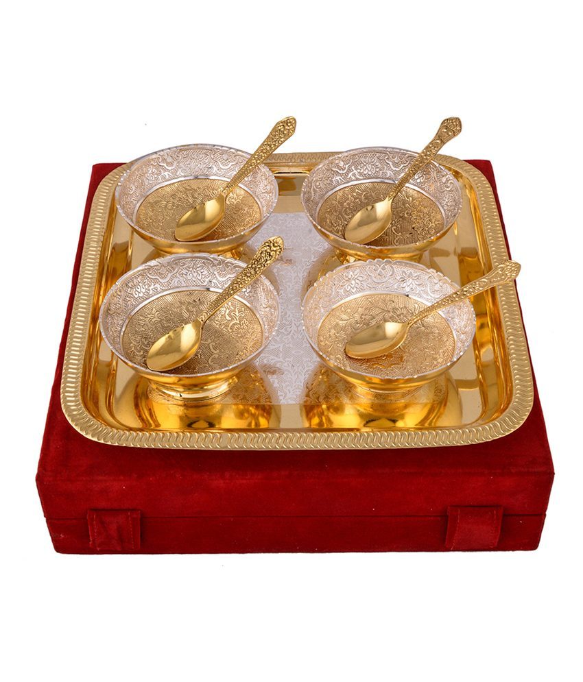 Brass Golden Satya Antique 4 Bowl & Spoon 1 Tray Engraved Silver Plated