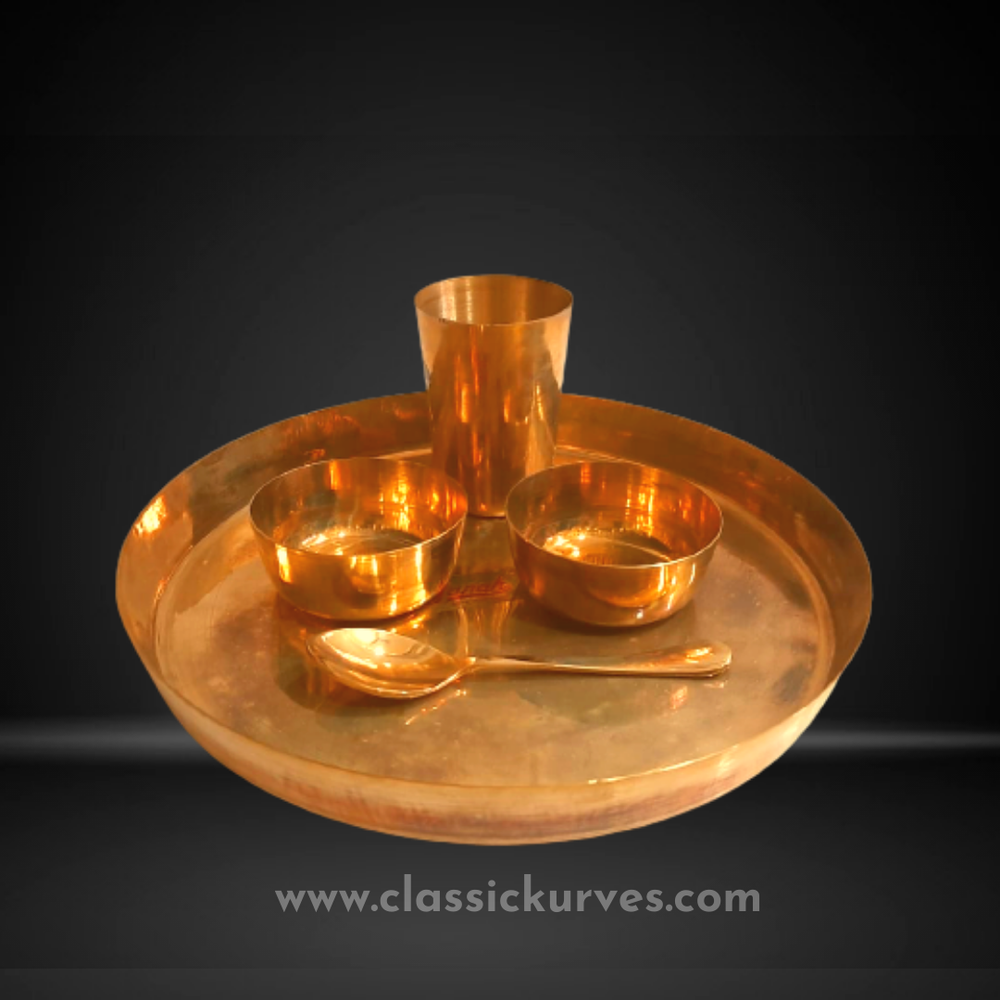 Classickurves Golden Handcrafted kansa Bronze thali dinner set, For Home