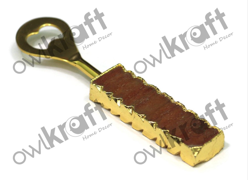 Red Aventurine Agate Stone Cutlery Bottle Opener with Gold Plating