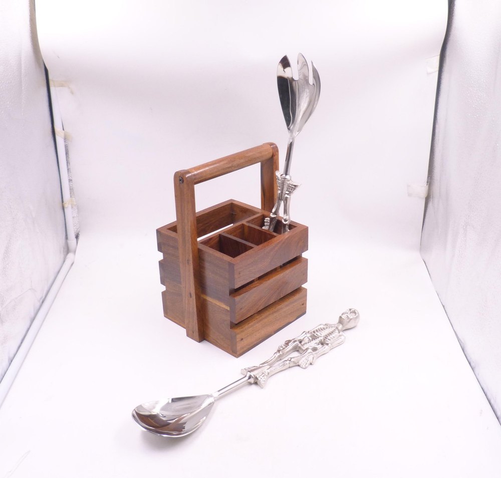 BHI Wooden Kitchen Cutlery Spoon Server Fork With Stand, Size: 375x70mm