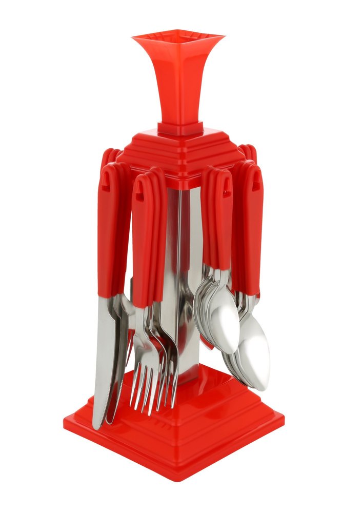 5 Plastic And Steel Red Color Primiyam Cutlery Set, Square