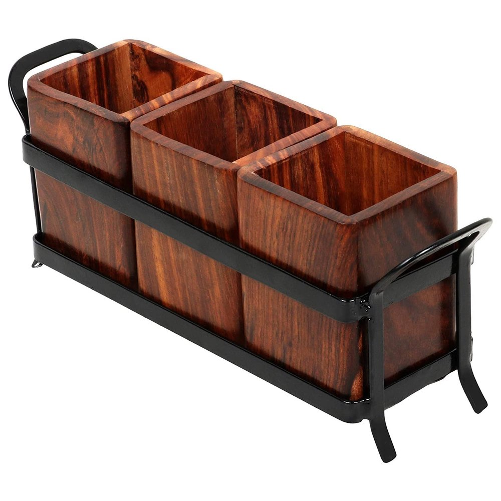 Wood and Wrought Iron Spoon Holder, Multipurpose Stand, Table Organizer with 3 Wooden jar