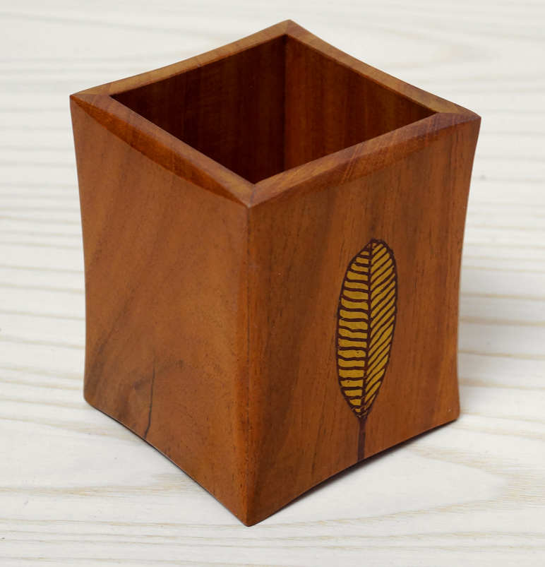 Cutlery Holder Neem Wood Leaf Inlay Spoon Stand, Rectangular, Size: 4 X 4 X 4.5 Inch
