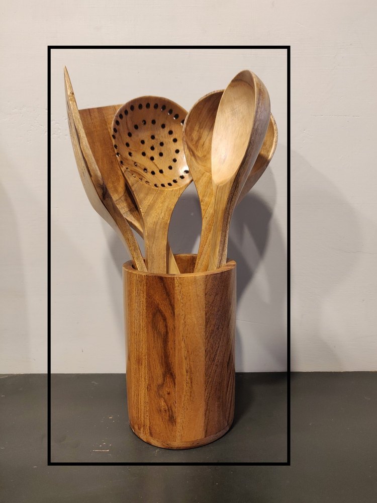 6 Brown Wooden Spoon Stand, For Kitchen