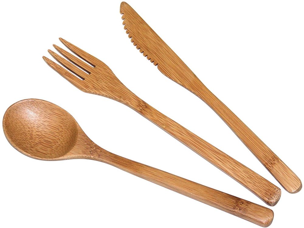 3 Brown Bamboo Cutlery Kit, For Kitchen