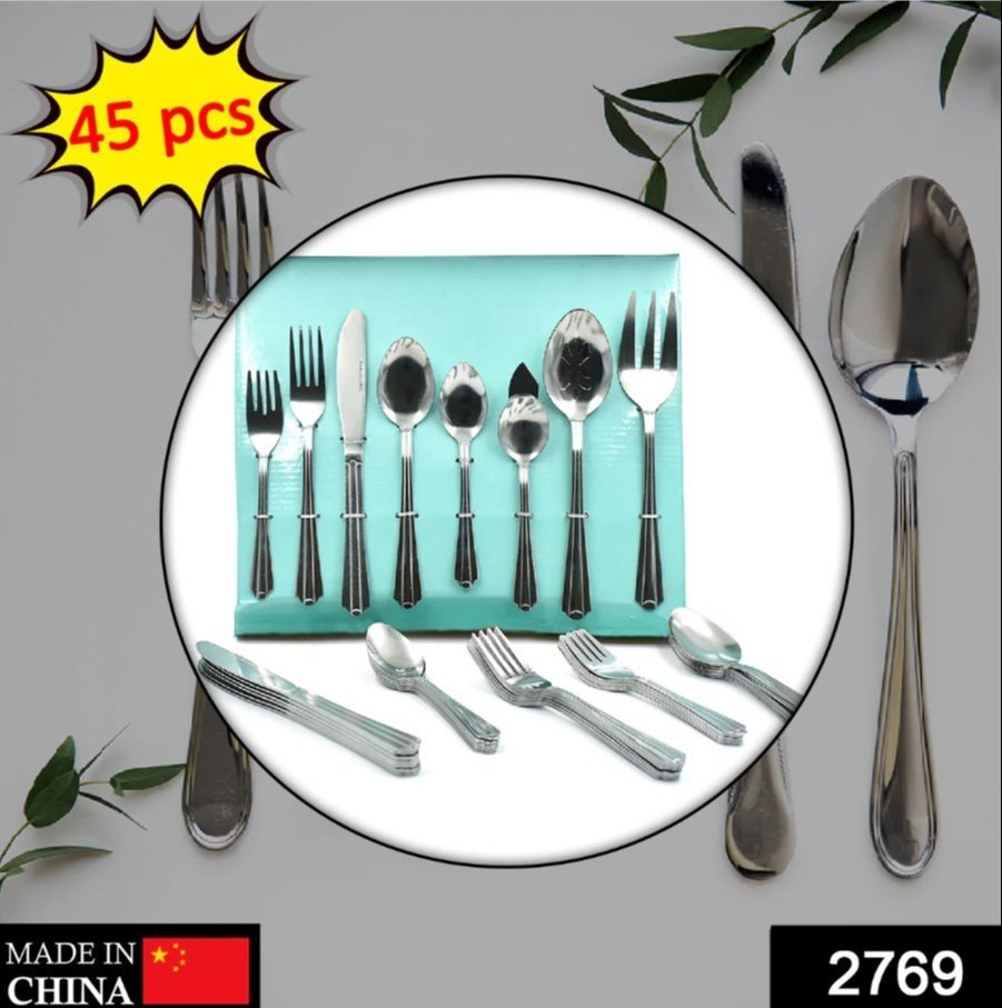 2769 45PC STAINLESS STEEL FLATWARE SET USED FOR DINNER BREAKFAST AND LUNCH PURPOSES