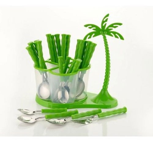 Lion Lender Silver, Green And Transparent SS Plastic Kitchen Cutlery Set