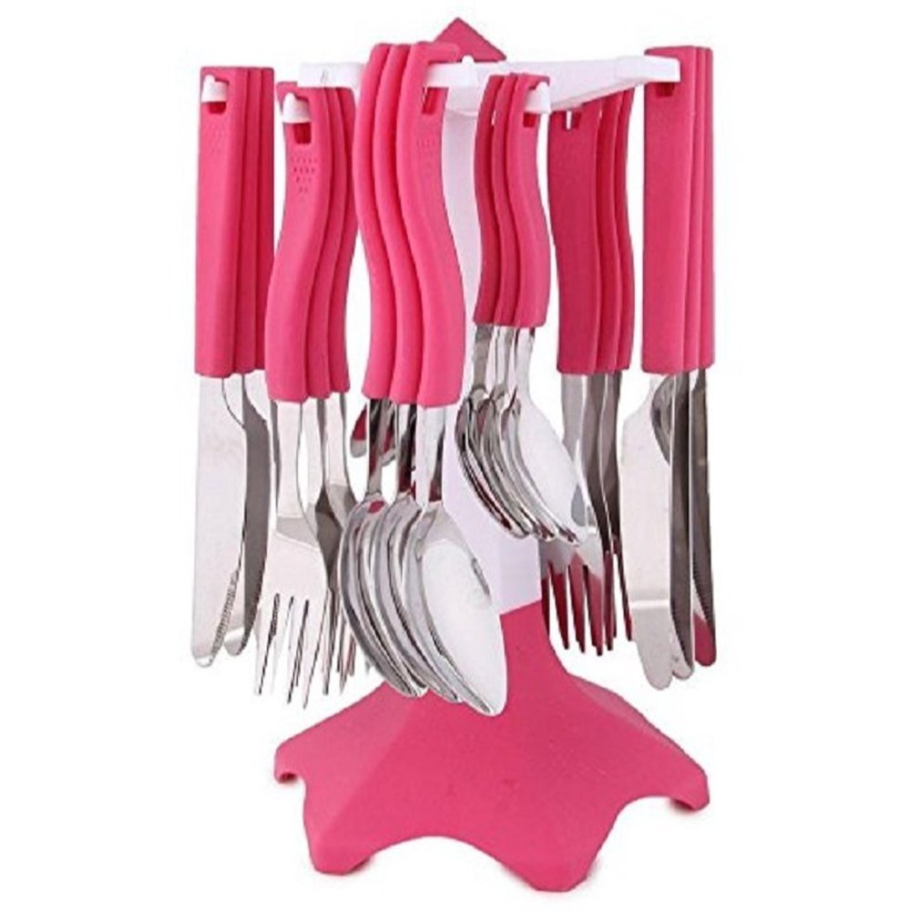 Pink And Silver Polished Plastic Cutlery Set, For Home