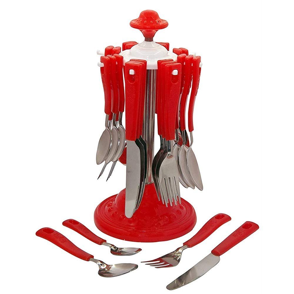 Red And Silver Polished Plastic Cutlery Set, For Kitchen
