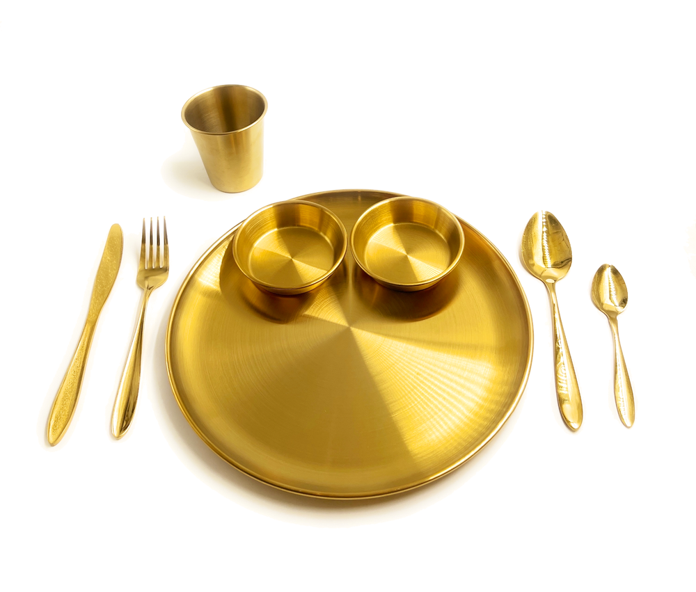 24x7 eMall Gold Dinner Set Cutlery Gold Plate Gold Bowls and Glass Complete Golden Meal Combo Steel