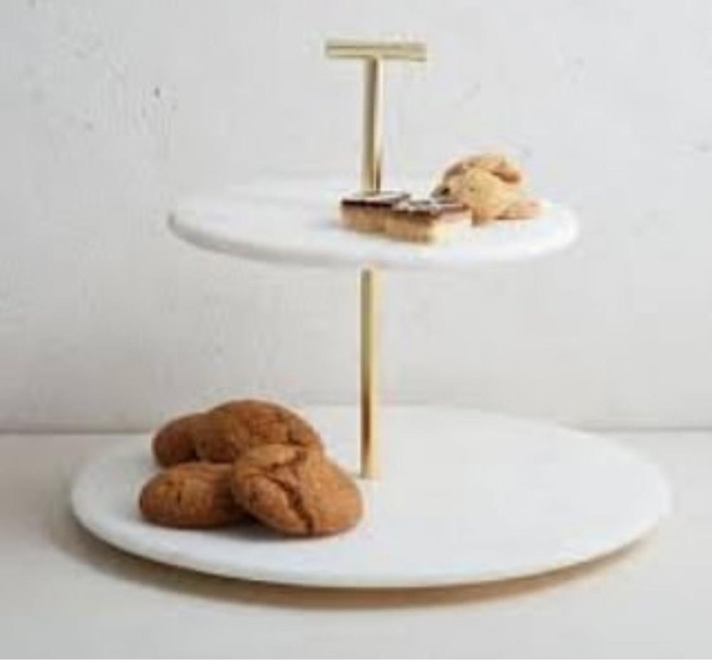 White MARBLE AND BRASS Cake Stand, Round, Size: 12 Inches