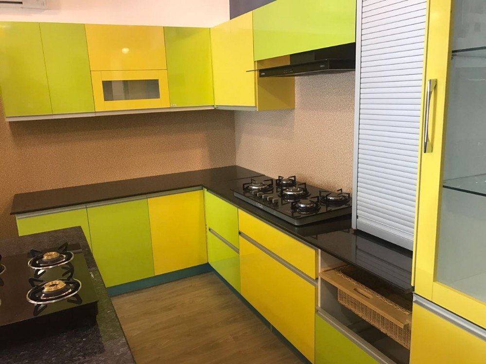 Yellow And Green Modular Wooden Kitchen Cabinet