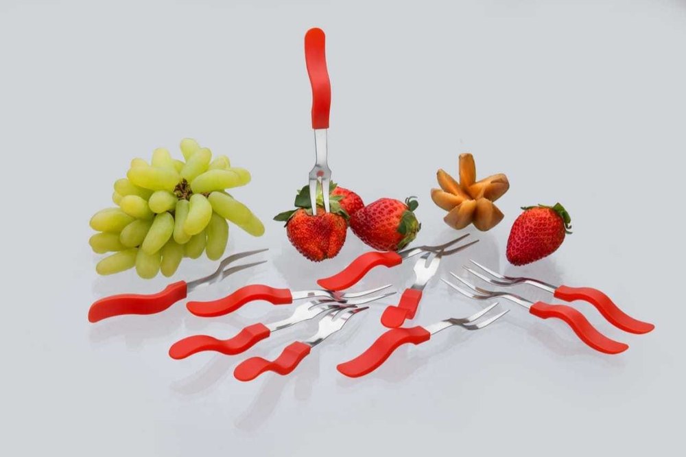Red and Silver Stainless Steel Fruit Fork, For Kitchen