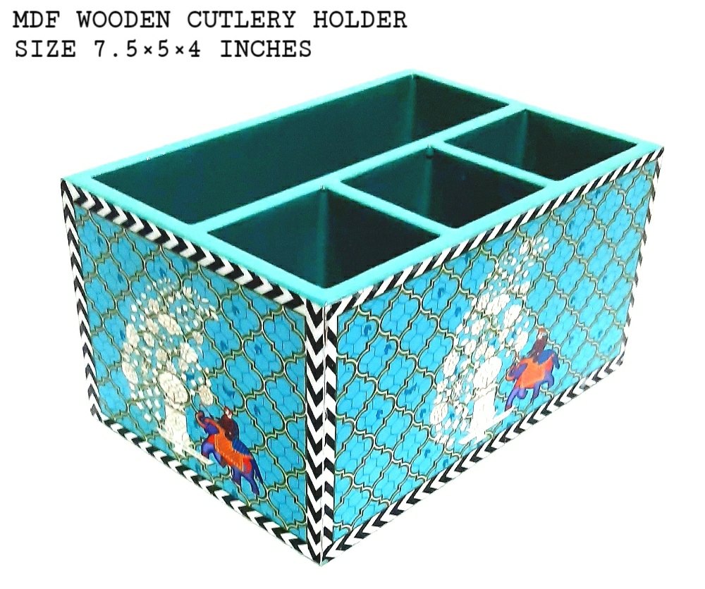 4 Mix Wooden Cutlery Box Spoon Holder With Mina Work And Enamel Print, Size: 7.5x5x4 Inches