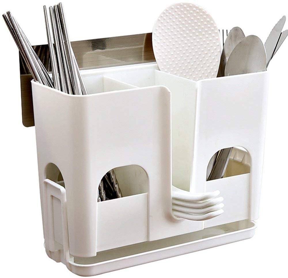 Adhesive Without Drilling Plastic Kitchen Cutlery Holder Stand, Rectangular