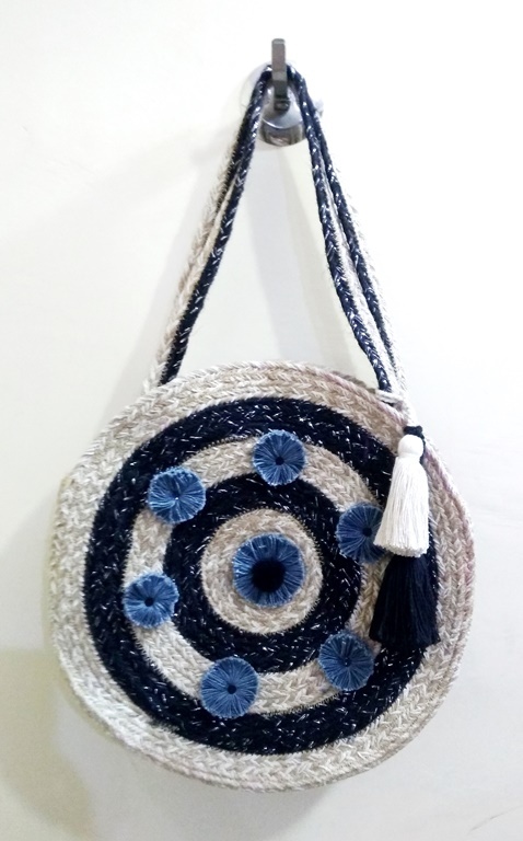 Embroidered Kavita Fashions Circle Flower Natural Jute Bag