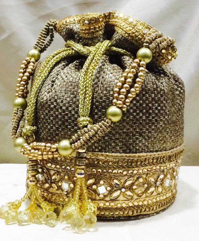 Embroidery Brown and Golden Designer Jute Potli Bags, for Party, Wedding