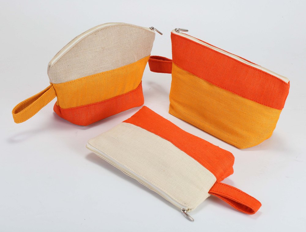 Yellow & Orange Printed Designer Jute Pouches