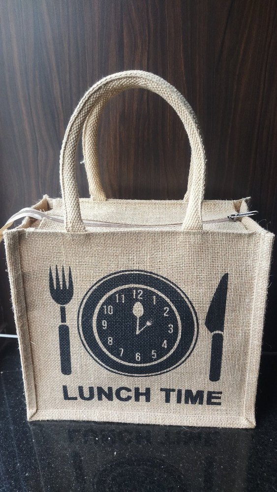 Brown Printed Jute Lunch Bag, Size: Small