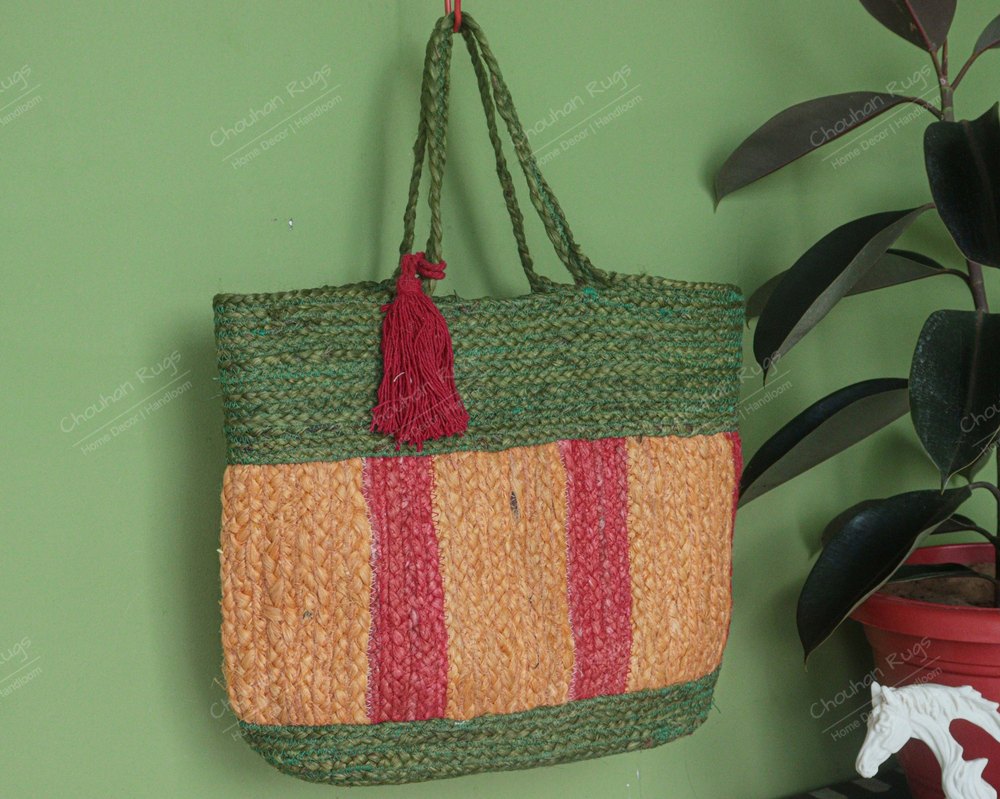 Jute Shopping Bag, Handmade Recycled Fabric Shopping Bag, Braided Jute Bag