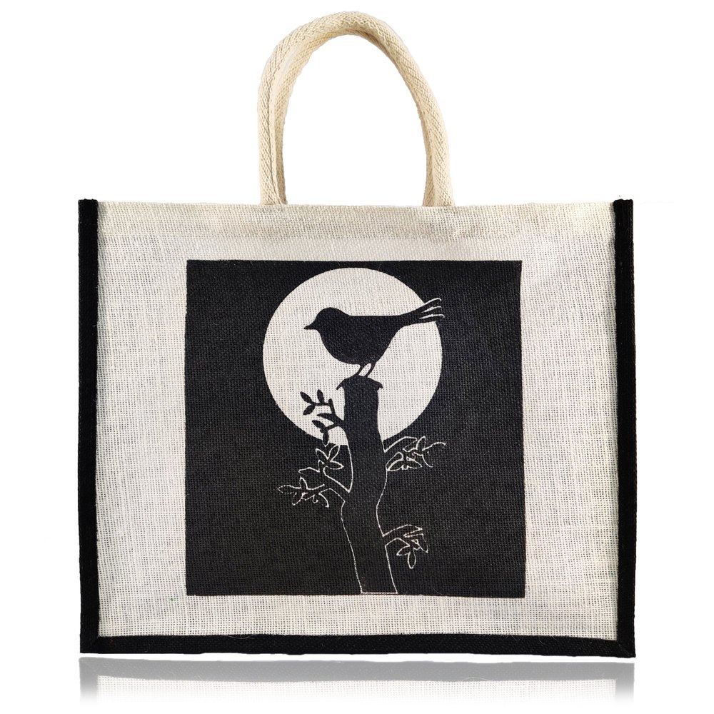 Brown Printed Handmade Jute Bag with Cotton Tape, Size: Medium, Size/Dimension: 39w X 32h X 15g