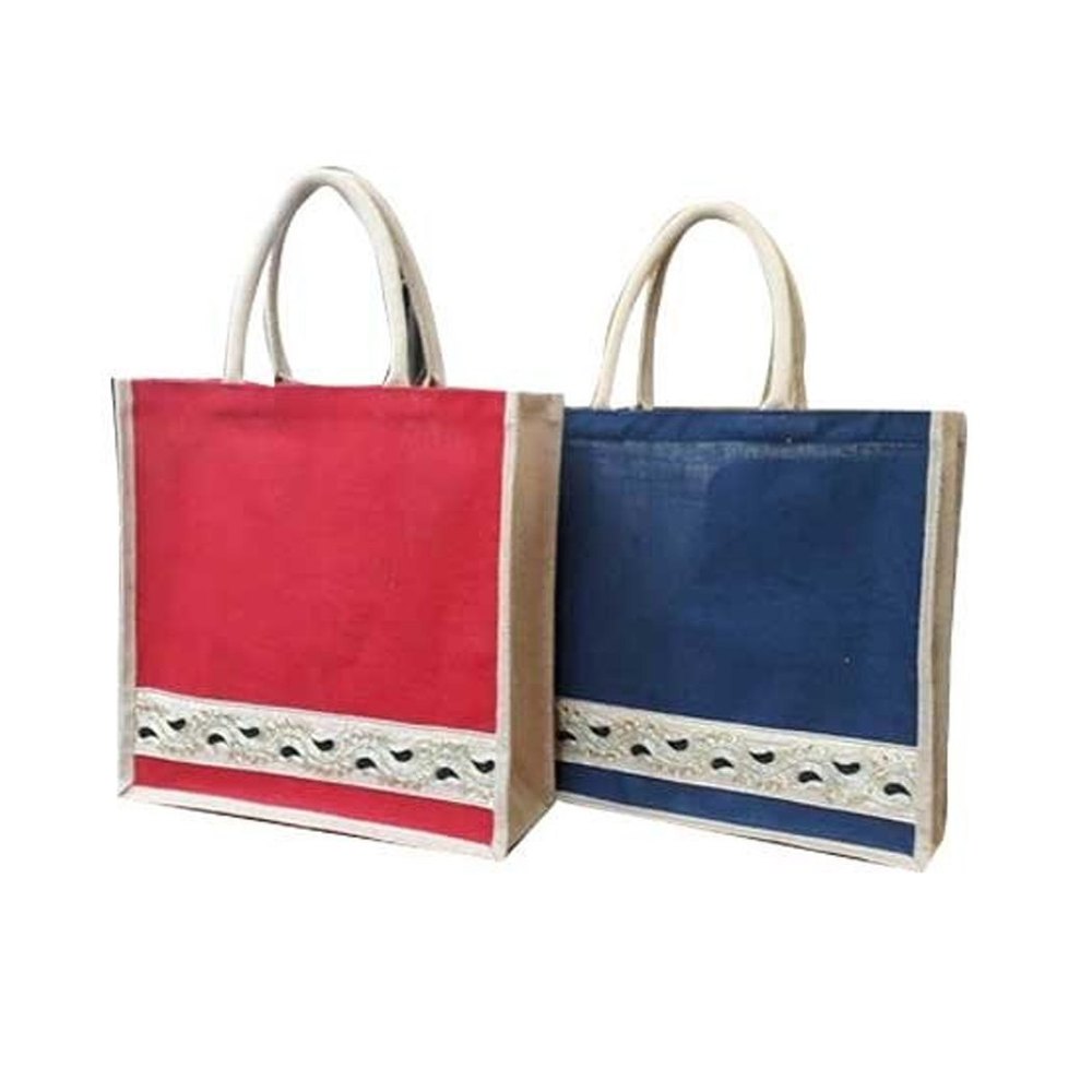 Red Printed Handcrafted Jute Bag, Size: 14x14x5 Inch