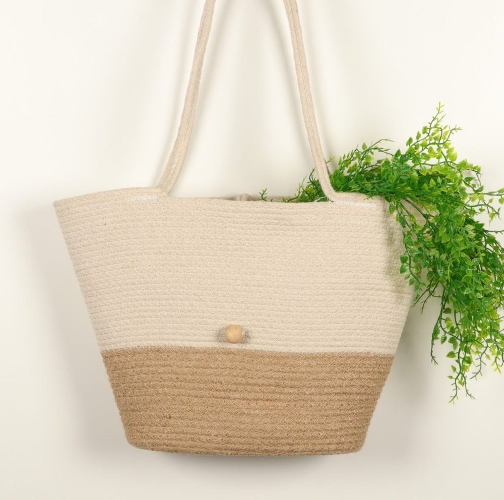 Natural Plain Handcrafted Cotton and Jute Shoulder Tote Bag, Size/Dimension: 14x12