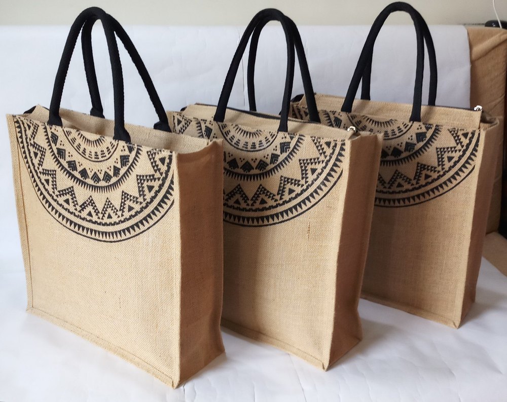 Short Cotton Padded Brown Printed Jute Shopping Bag