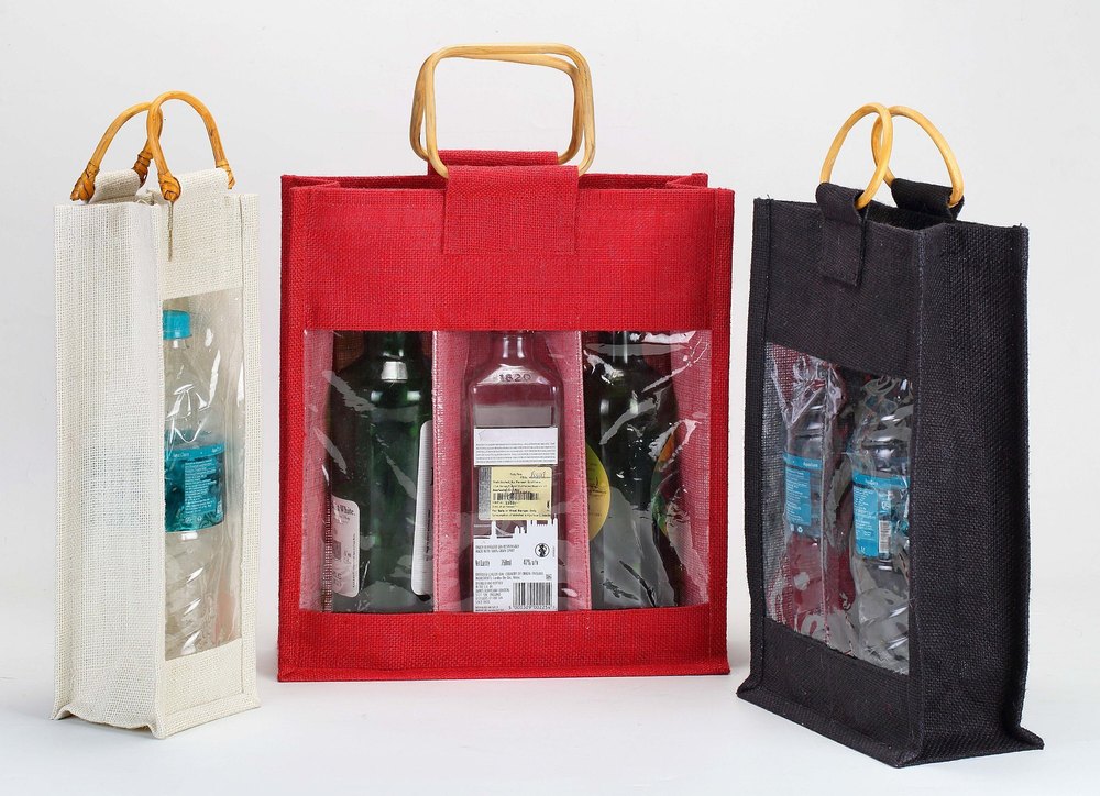 Loop Handle Plain Jute Bottle Bag, Capacity: 6 kg