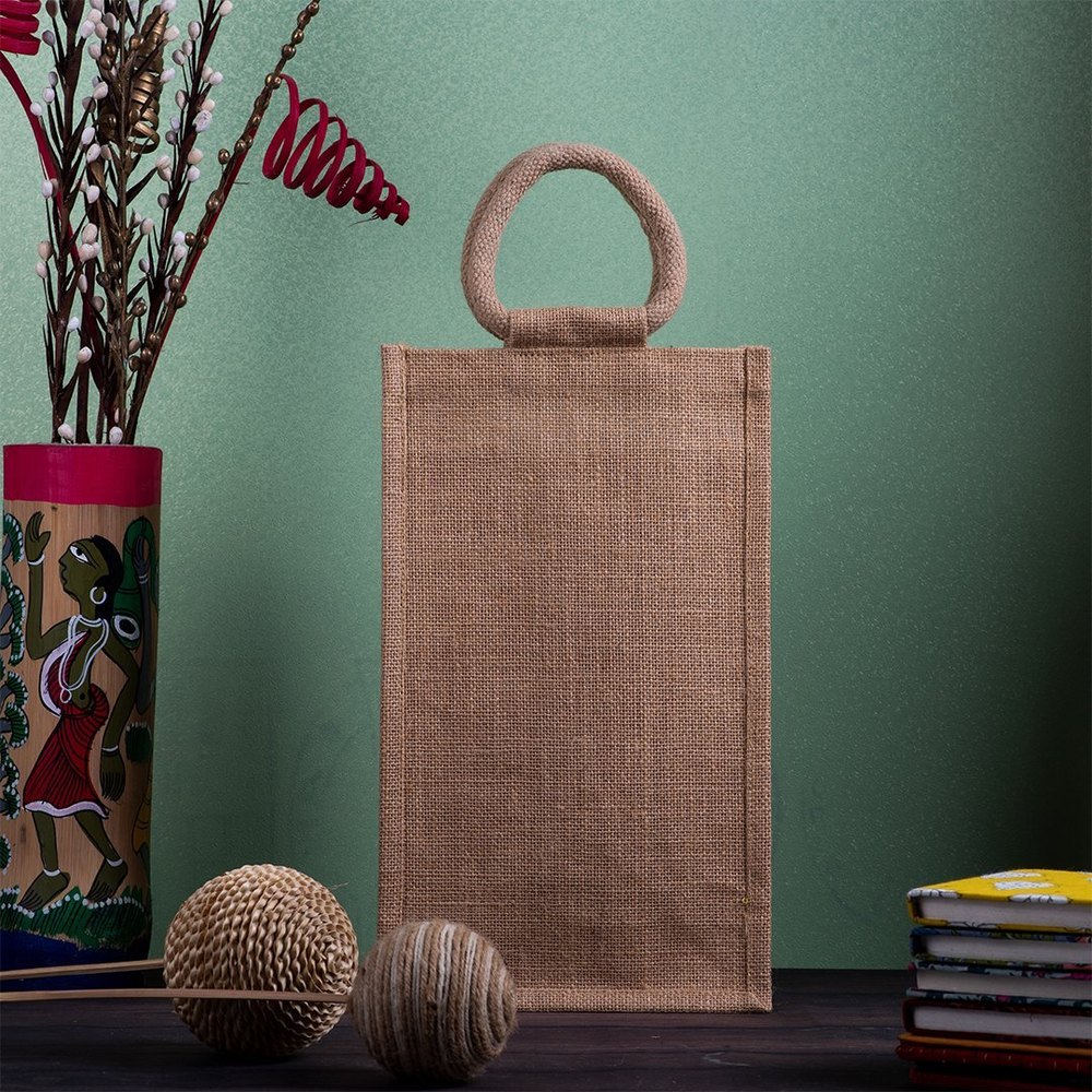 Natural Rope Handle Jute Bottle bag, Size/Dimension: H-14 W-8 G-4