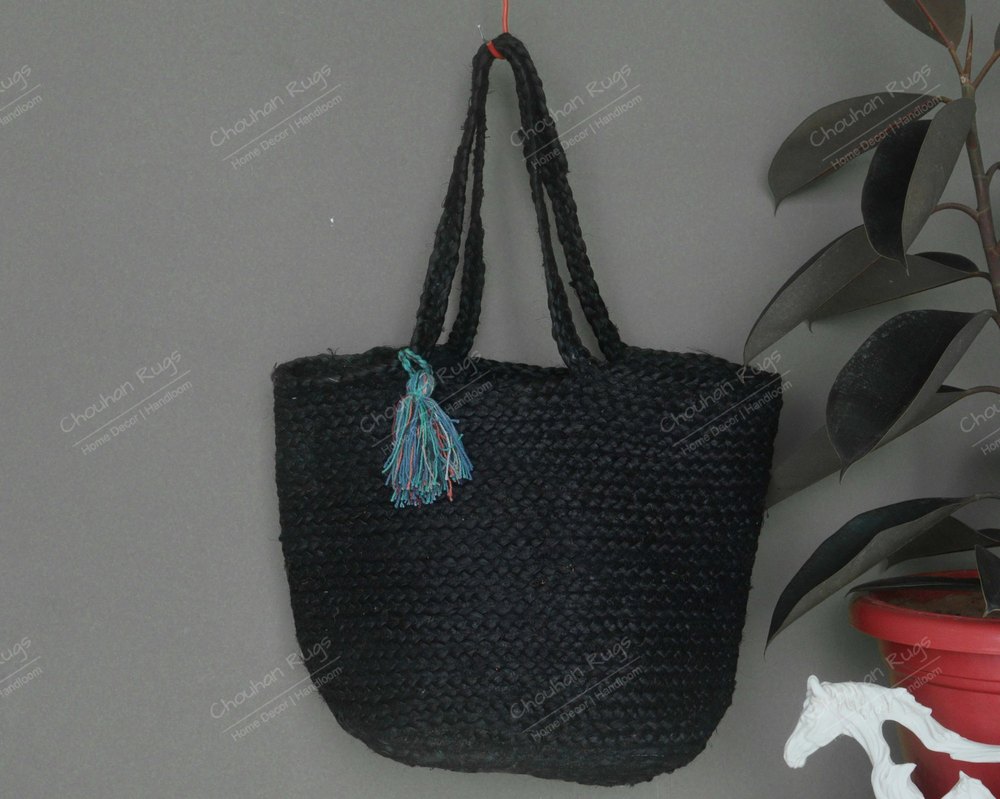 Black Plain Handmade Braided Jute Bag Boho Home Decor, Jute Bag for Living Room