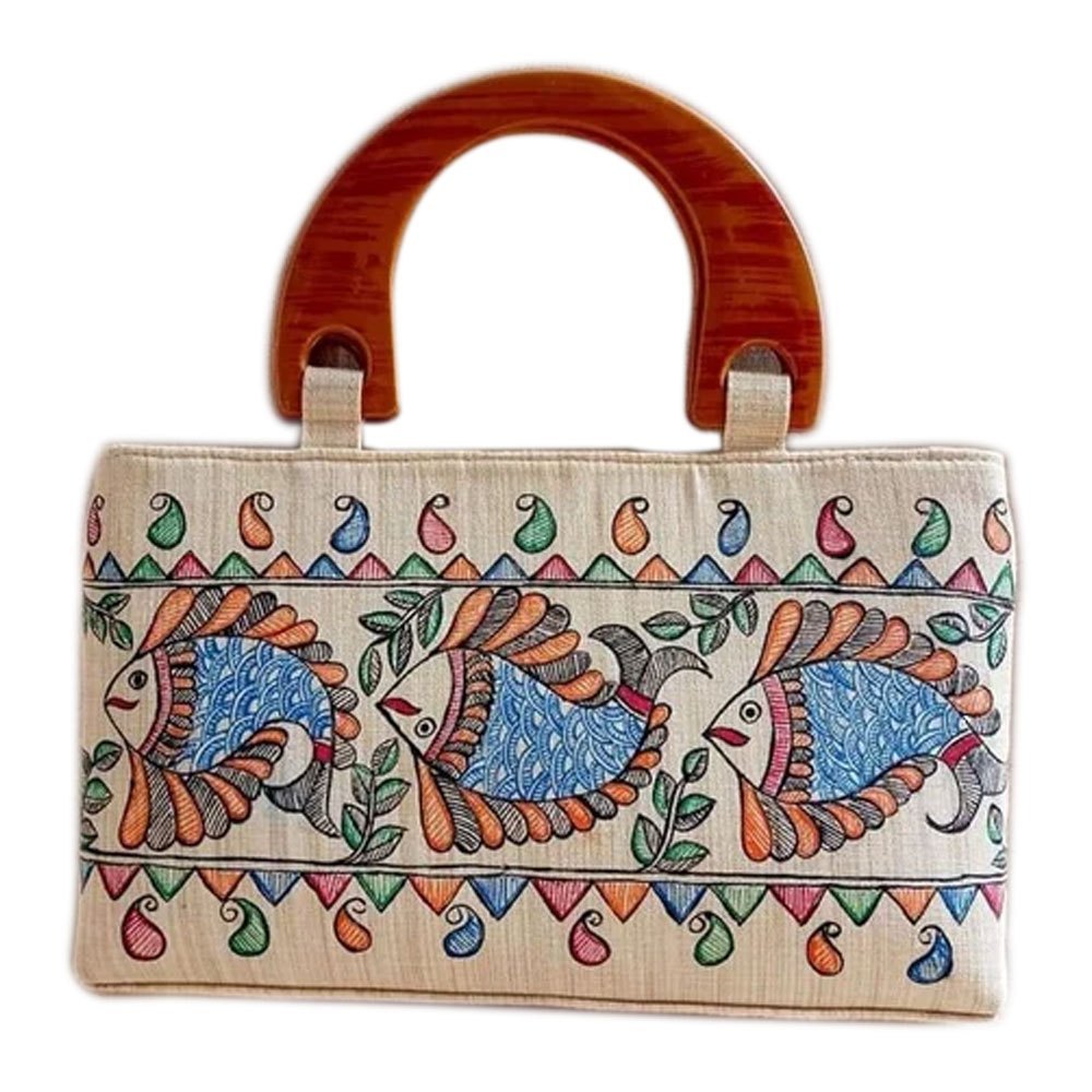 Madhubani Print Silk Fish Printed Designer Jute Purse