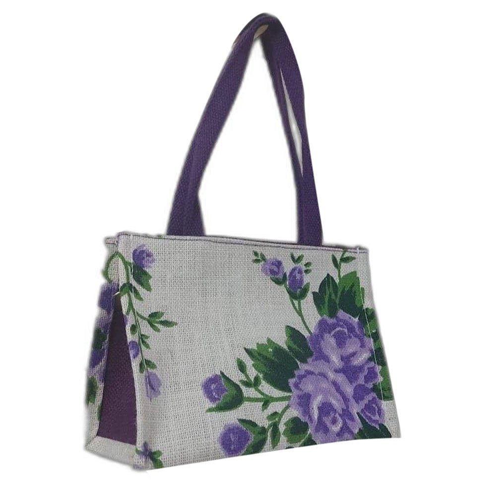 White And Purple 3Kg Printed Jute Purse, Size: 13x15inch