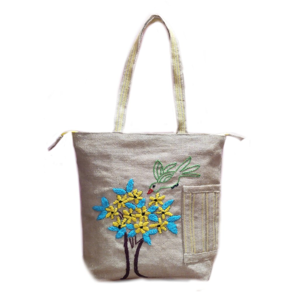 Brown Embroidery Handcrafted Jute Bag, Size: 15 X 13 Inches