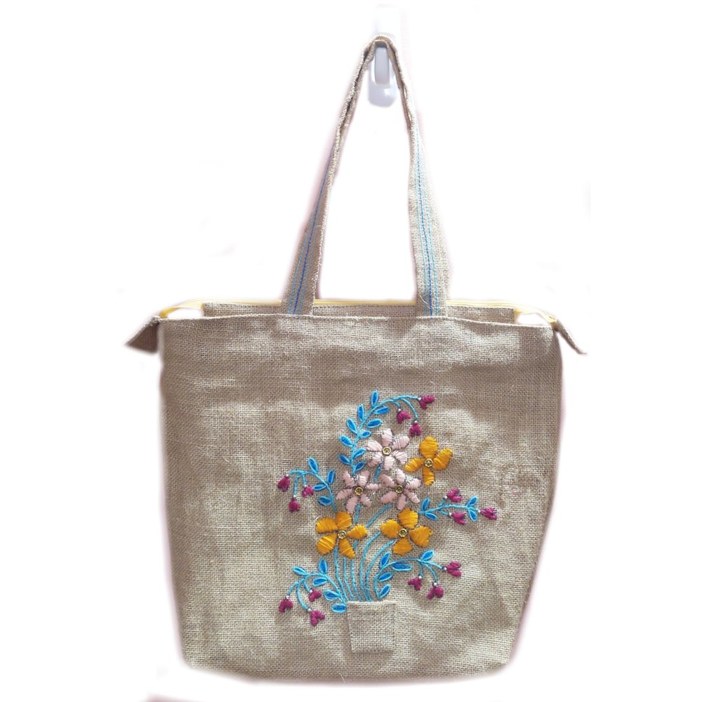 Brown Embroidery Laminated Jute Bags, Size: 15 X 13 Inches