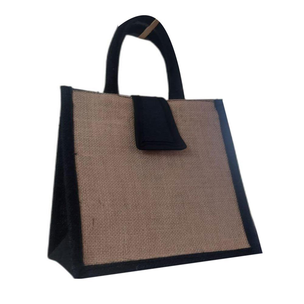 Black And Brown 11inch Plain Jute Grocery Bag, Size: 11x10inch