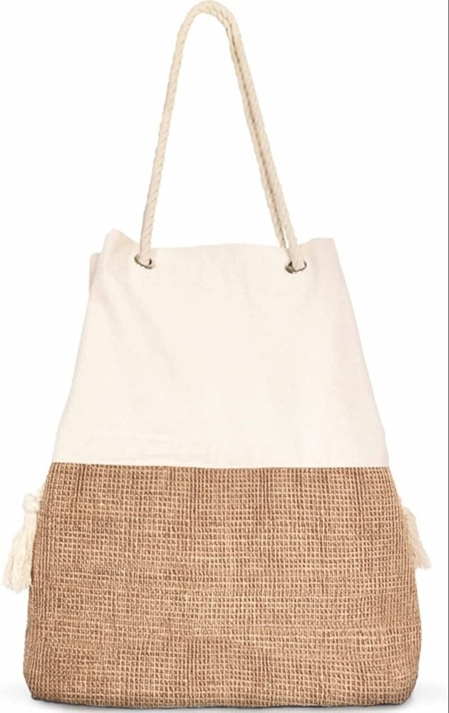 Loop Handle Jute Canvas Bag With Beach Print