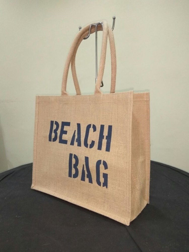 Cream Printed Jute Beach Bag