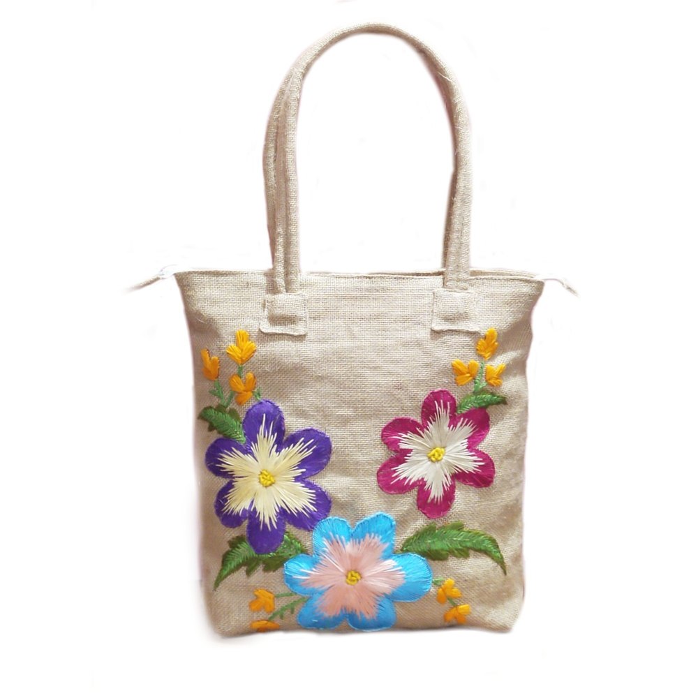 Brown Floral Embroidered Jute Bag, Size/Dimension: 15 X 12 Inches
