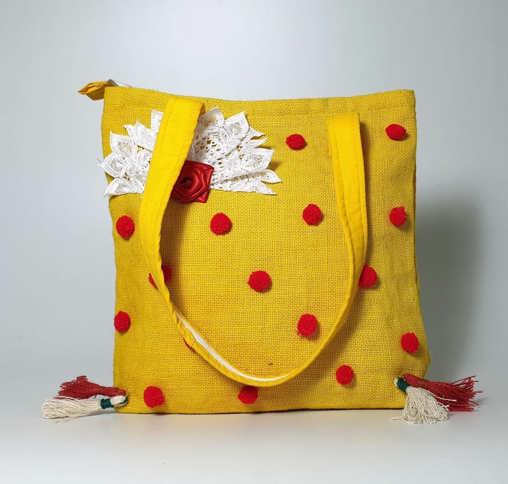 Long Shoulder Length Zipper Yellow Embroidered Jute Bag, Size/Dimension: 18x20inch, Capacity: 5kg