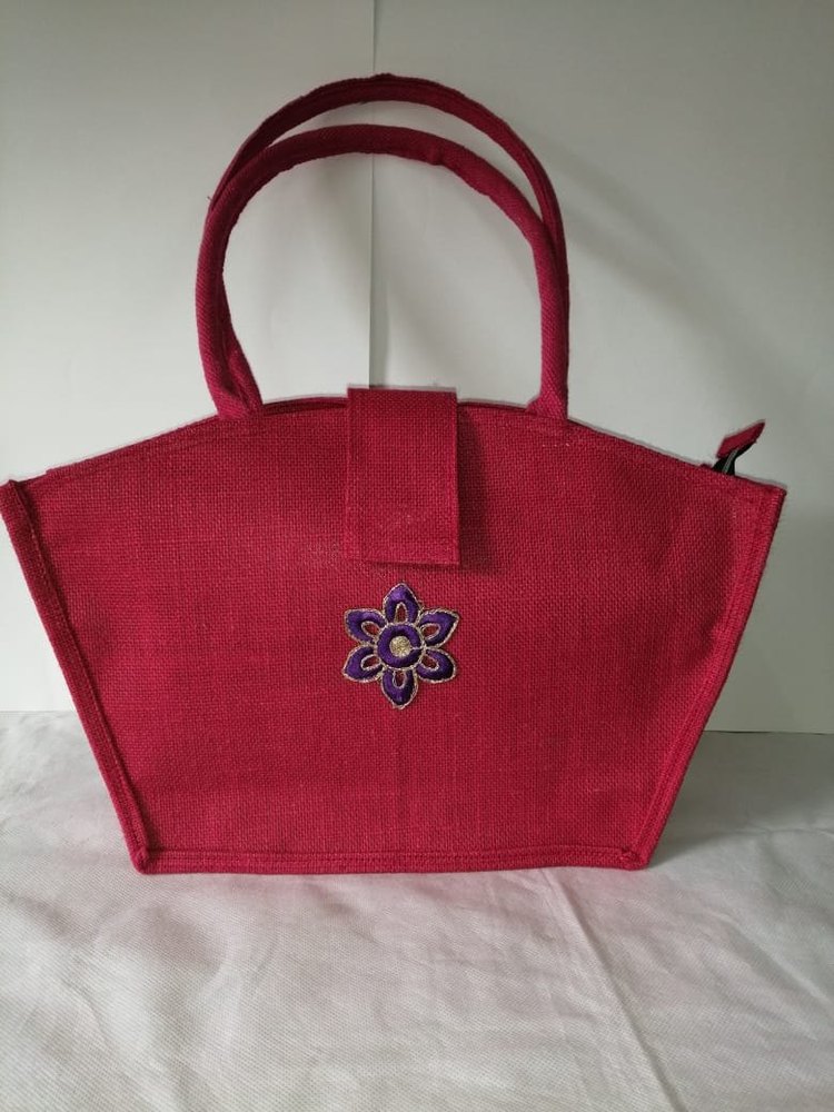 Dark Pink Jute Embroidery Bag, Size: 10x8 Inch