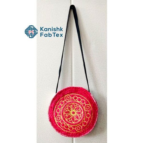 Handbags Red and black Jute Embroidery Round Bag, 500 Gm, Size: 25x25x6