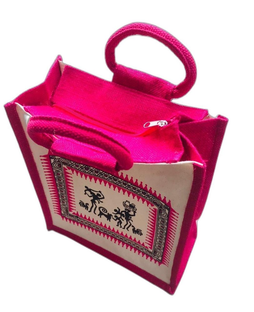 Embroidered Pink And Ivory Jute Bag With Embroidery, Size: 10 X 12 Inch
