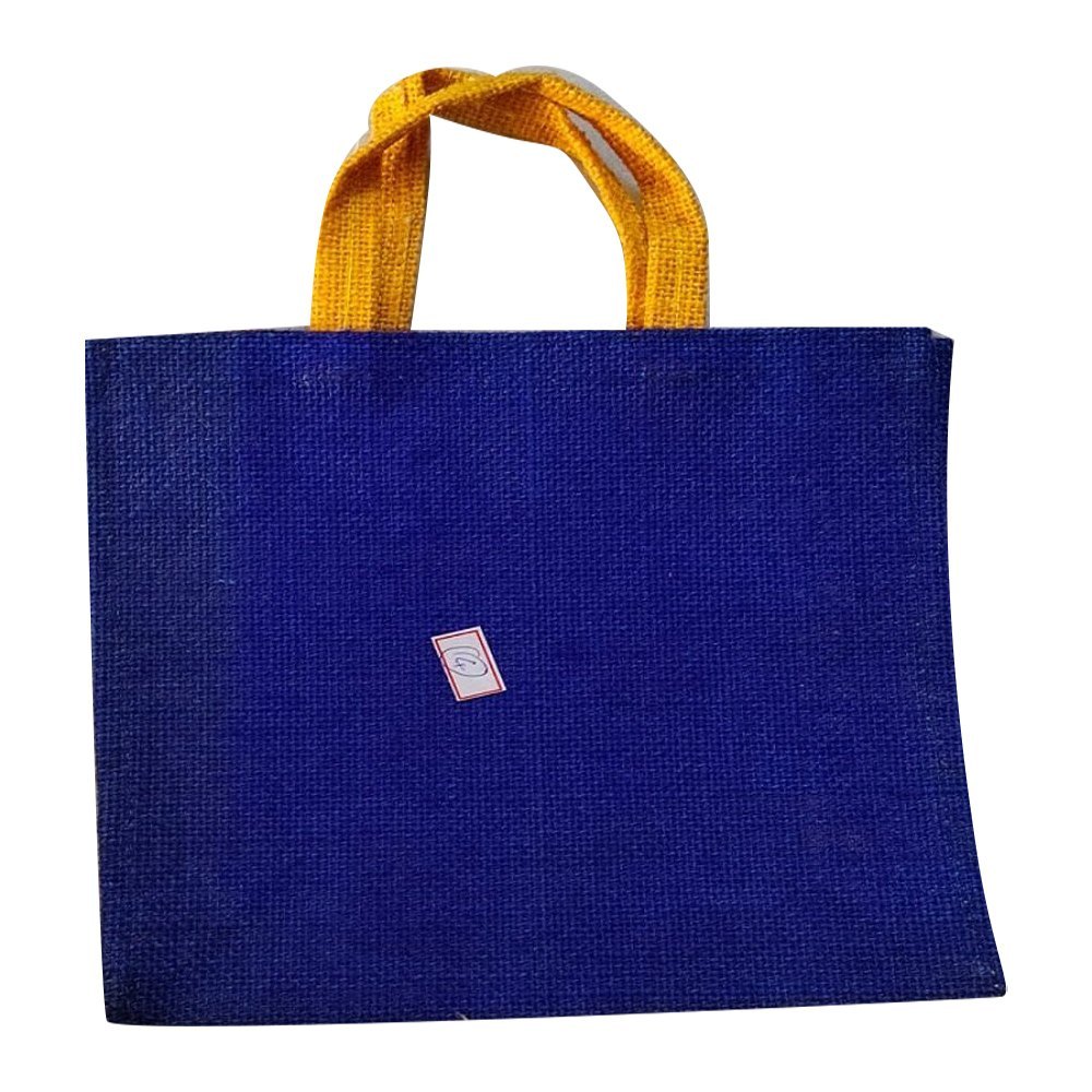 Blue and Yellow Plain Stitched Jute Bag, Size: 11x 10 X 6 Inch