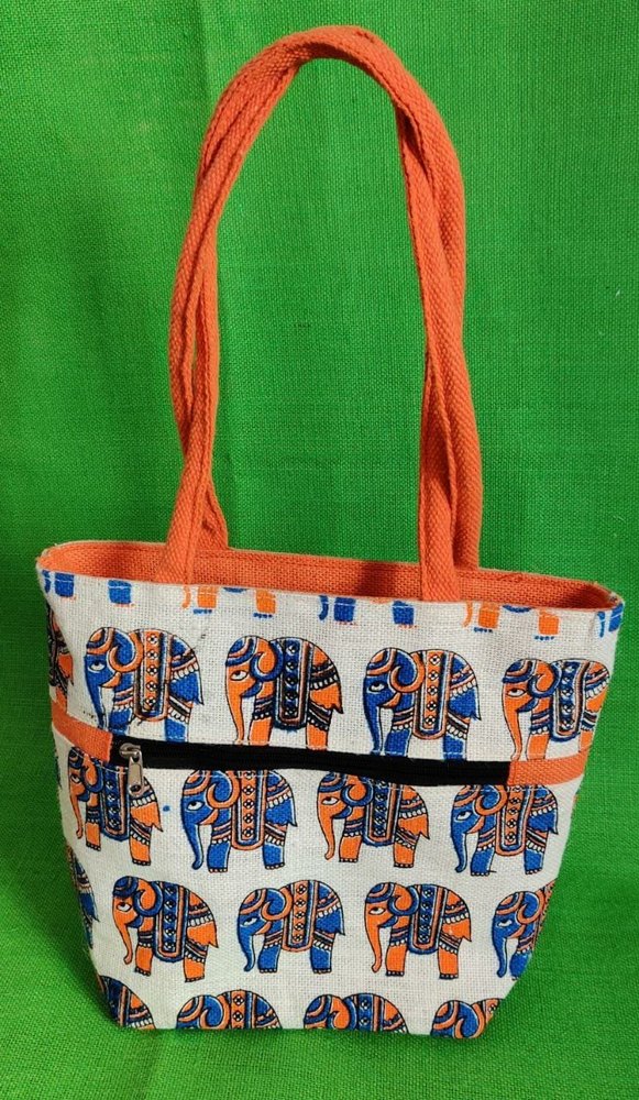 Multicolor Ladies Elephant Printed Jute Shoulder Bag, Size: 11 X 12.5 X 5inch